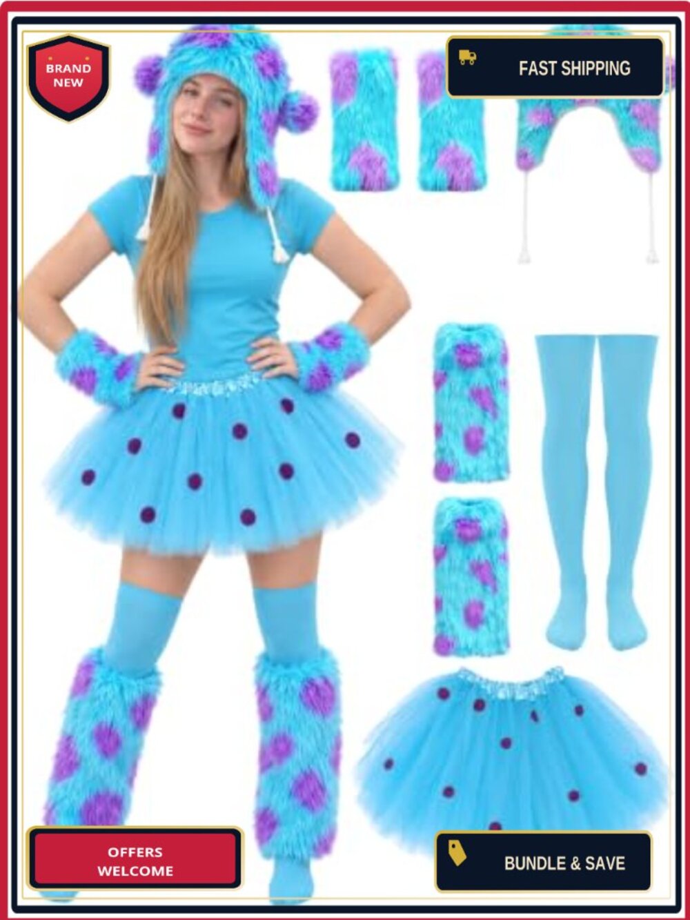 Faux Fur Monster Costume Set 7 Piece Furry Hat Tutu Leg Warmers Halloween